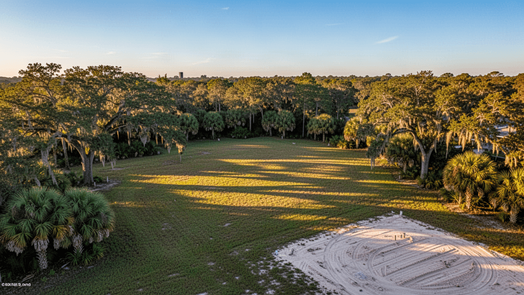 Aerial view of a vacant residential lot in central Florida surrounded by live oak trees at golden hour