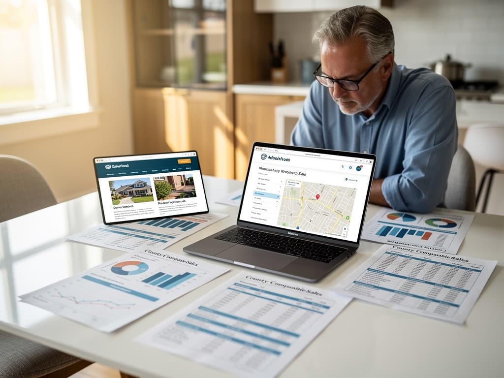 Homeowner researching land comparable sales on a laptop with county property records