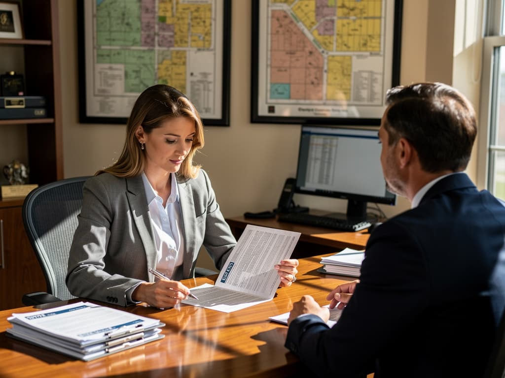 Title company professional reviewing a property deed with a client