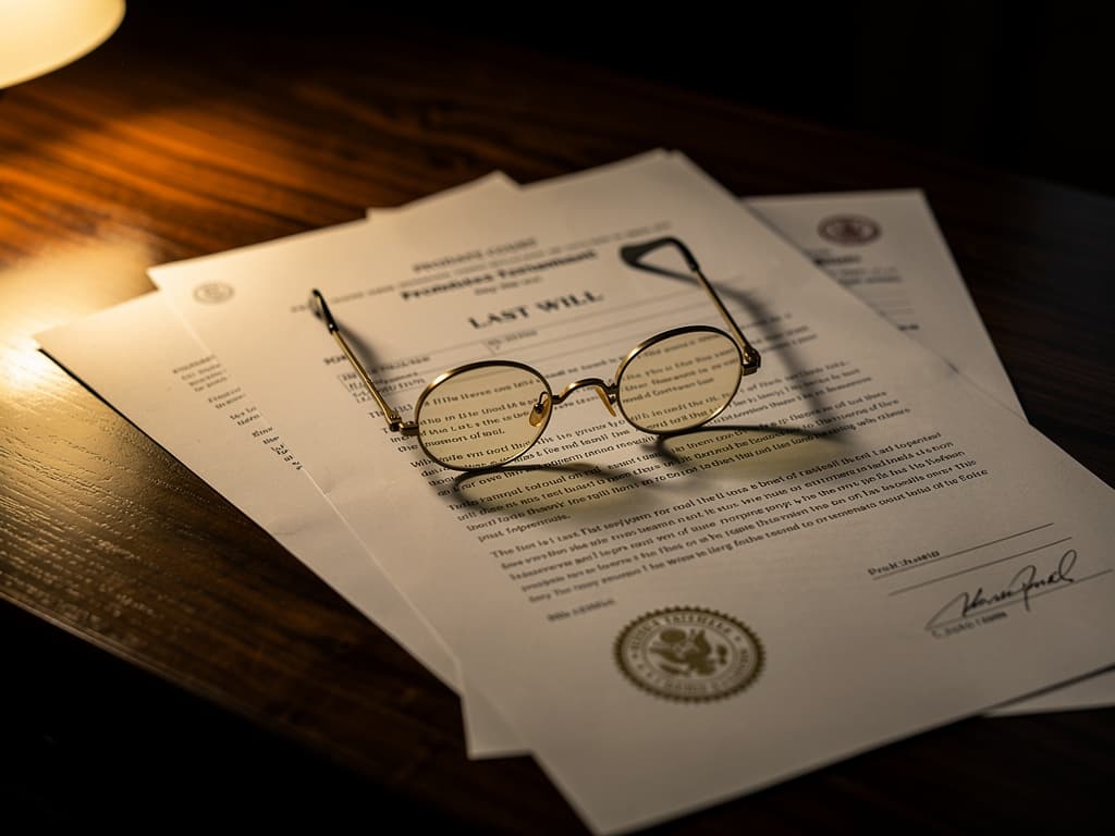 Probate documents, will, and property deed on a desk with reading glasses