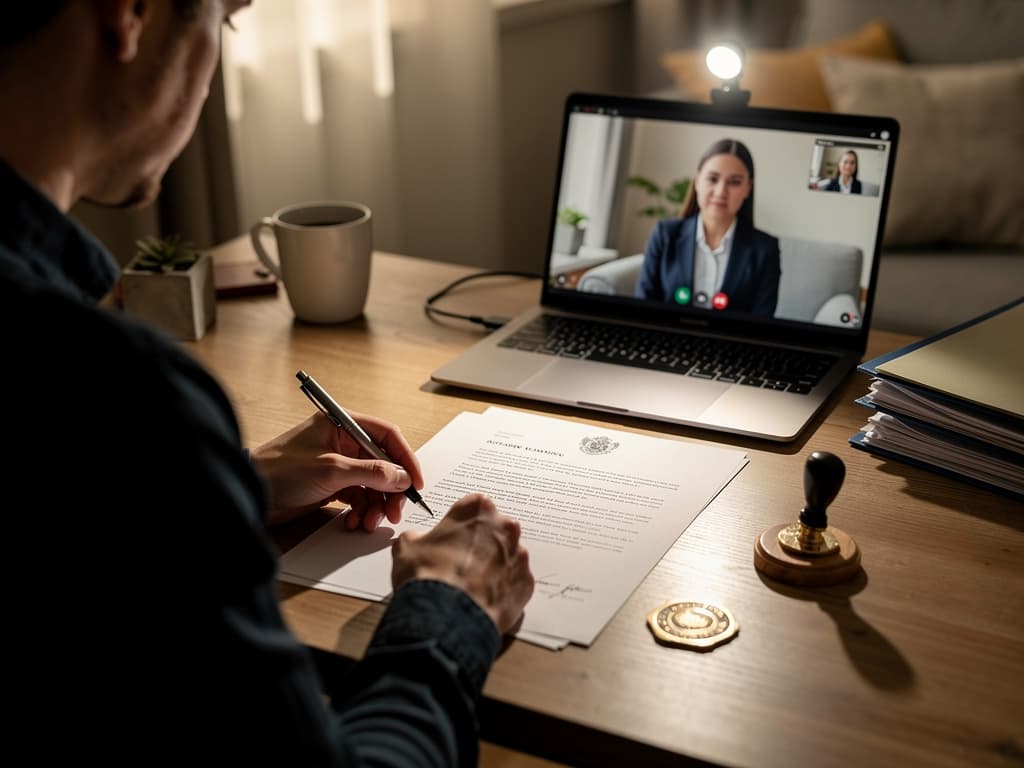 Remote online notarization via video call with notary visible on laptop screen