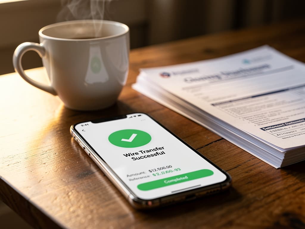 Smartphone showing a successful bank wire transfer confirmation