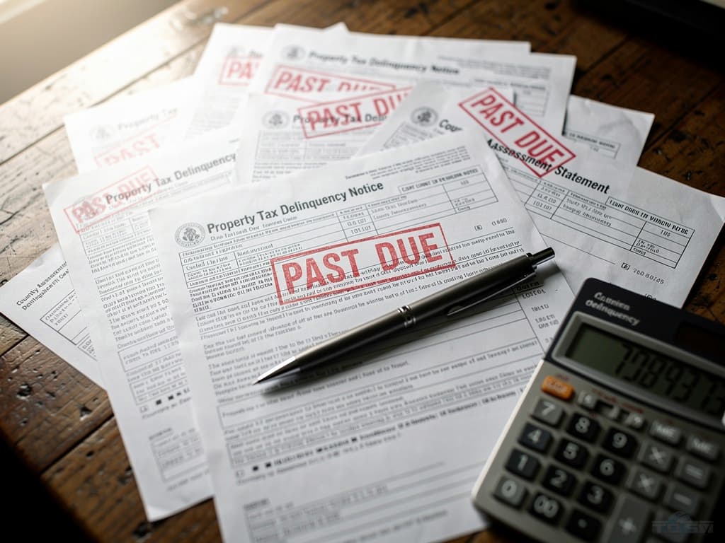 Property tax delinquency notices with past due stamps and a calculator on a desk