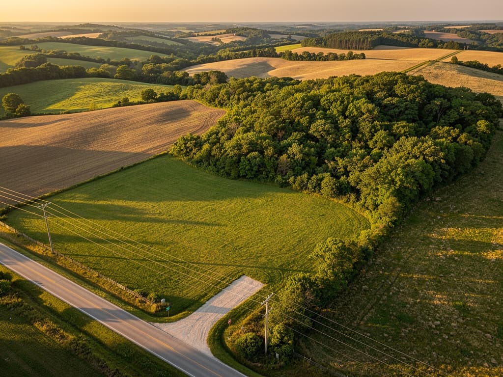 Aerial view of rural land parcels showing road access, utility lines, and varied terrain