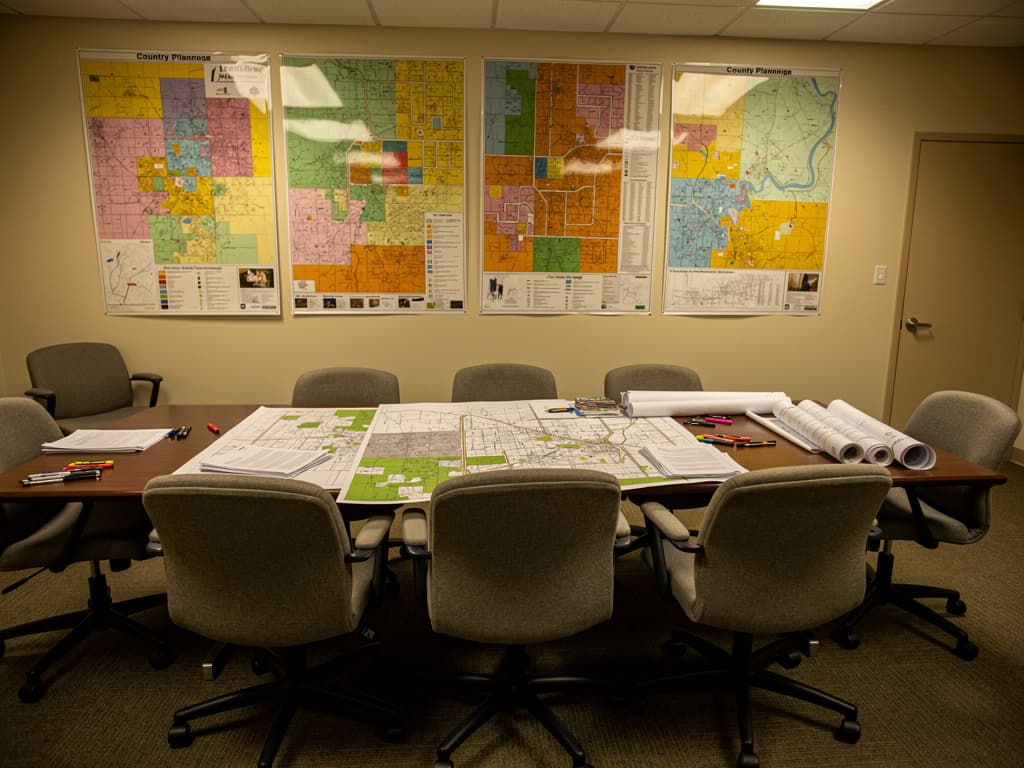 County planning office with zoning maps on the wall and plat maps on a conference table